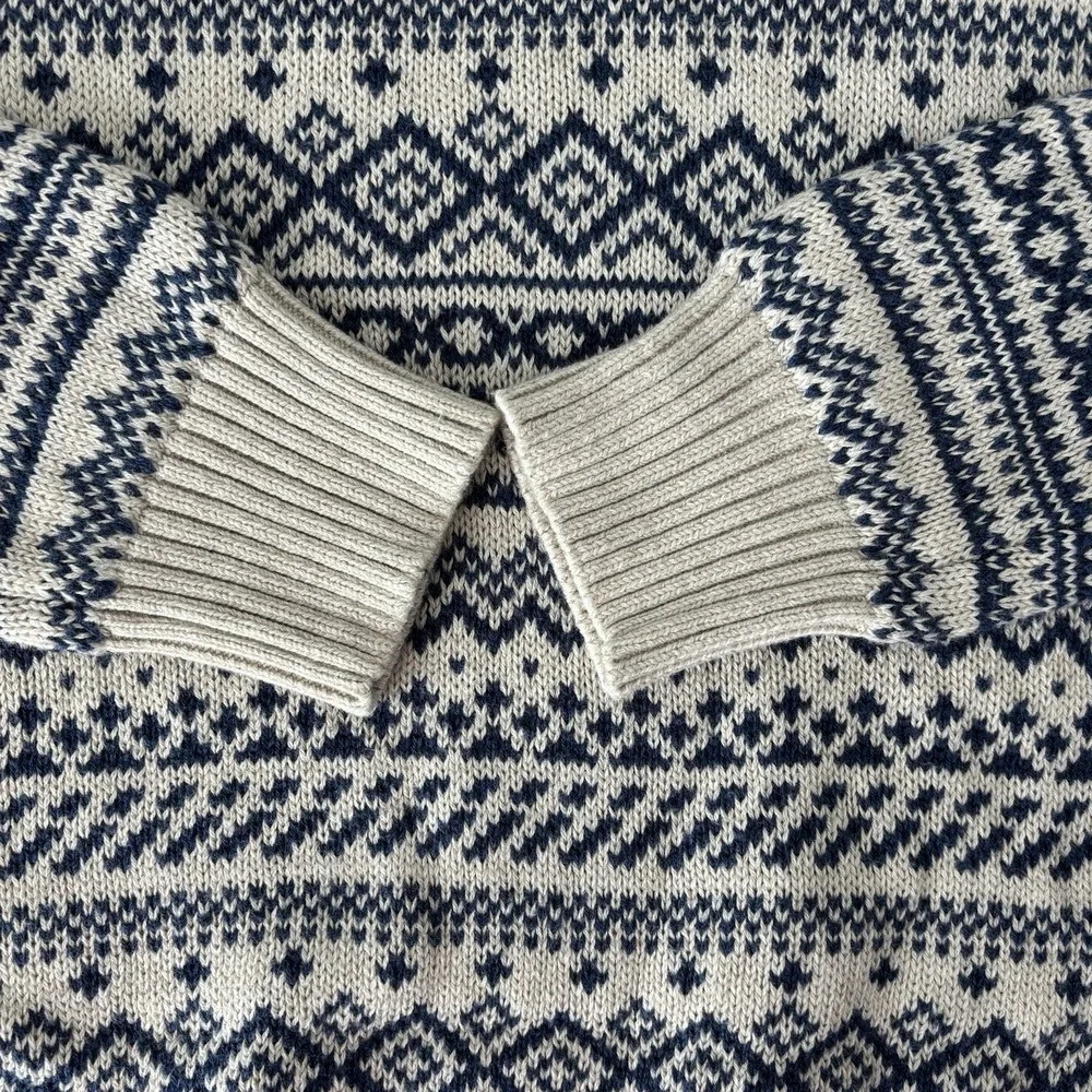 Mens Fair Isle Sweater‎ 100% Cotton Navy Blue Beige Sz L Grandpa Preppy Academia
